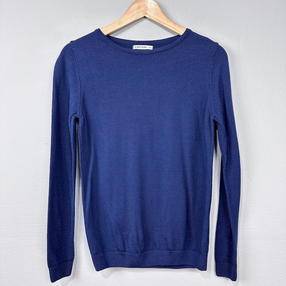 KNITTONS Sweater Women Size XS Blue Extra Fine Merino Wool Crew Neck Long Sleeve